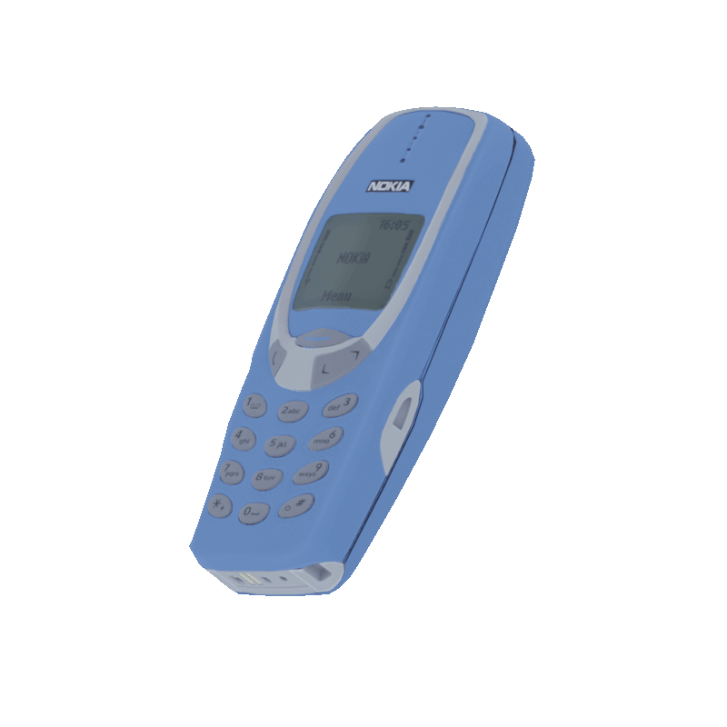 A spinning Nokia 3310 candybar cellphone from 2001.